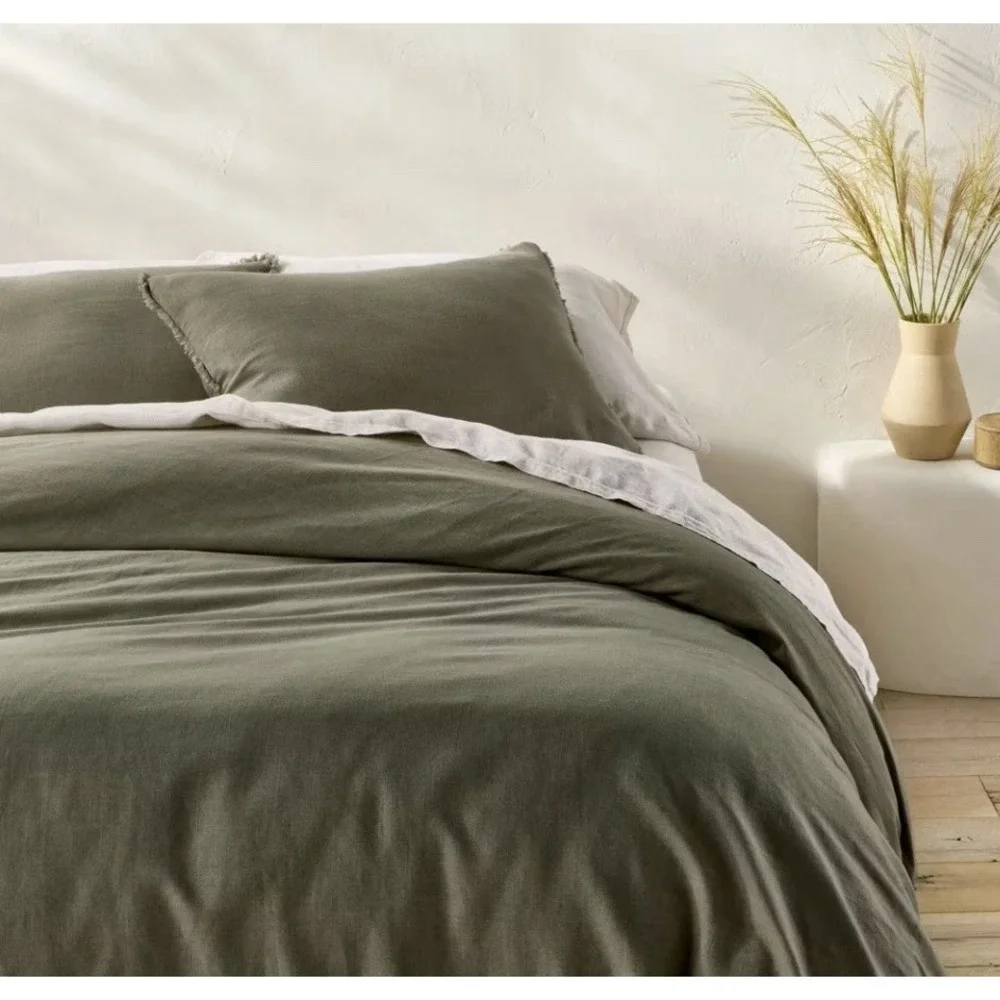CASALUNA Full Queen Heavyweight Linen Blend Duvet Cover and Sham Set Olive Green